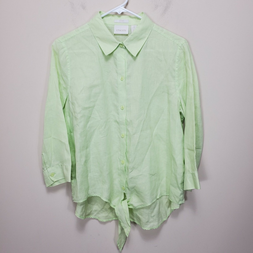 Chicos Linen Lydia Tie Front Shirt Green Non Iron Womens‎ Medium 1